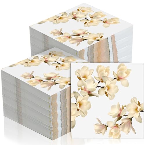 60 Pcs White Magnolia Floral Cocktail Paper Napkins 6.5 x 6.5 Inch (60 Count)
