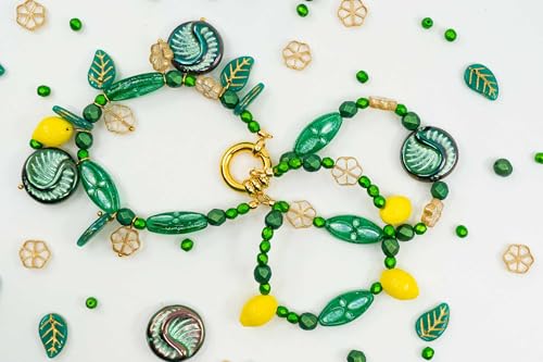 2.1oz (60g) of Focal Czech Glass Bead Mix with Lemon Shaped Beads, Seashel Beads and Leaf Beads, Emerald (2.1164 Ounce)