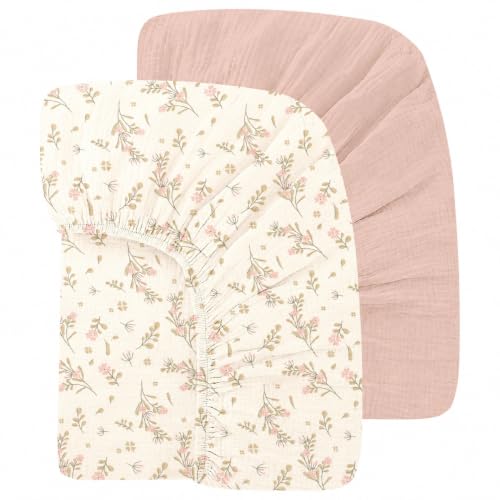 Organic Baby Crib Sheets 52x28 Inches 2 Pack 100% Muslin Cotton Soft Fitted Crib Mattress Sheet for Baby Girls (2 Count)