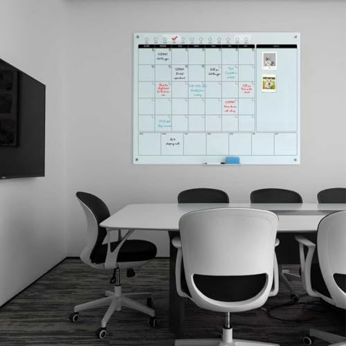 Magnetic Glass Whiteboard Calendar 48"x36" Glass Dry Erase Calender Board 36"x48" Monthly Plan White GlassBoard Wall Mounted for Office School Home