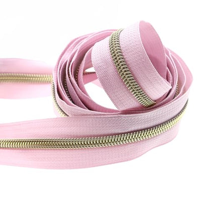 5 Gold Metallic Nylon Coil Zippers by The Yard Bulk 10 Yards Pink Zipper Tape with 25pcs Gold Ring Pull Sliders for DIY Sewing Tailor Craft Bag (25 Count)
