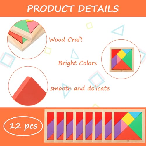 12 Pack Tangrams Wooden Puzzles Tangrams Set f Shape Puzzles Brain Logic Blocks for Games Educational Gifts for Adults Students (12 Count)
