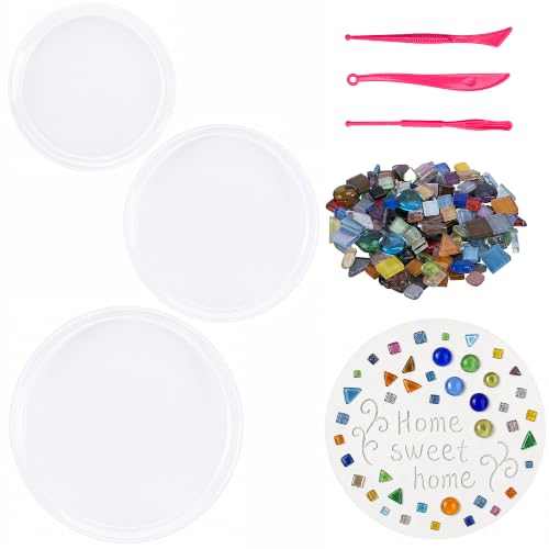14 Pcs Round Stepping Stone Mold Kit with Mosaic Tiles and Tools for DIY