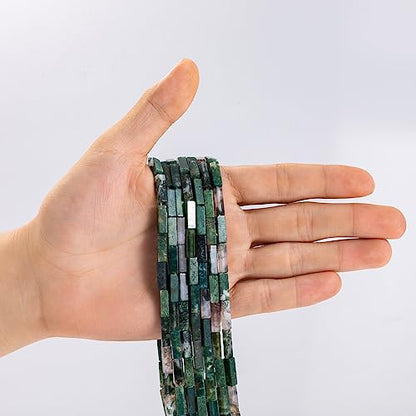 Natural Moss Agate Rectangle Tube Beads 4x13mm 38cm (28 Count)