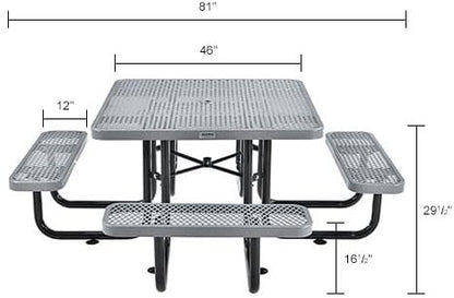 Global Industrial 46" Square Picnic Table, Expanded Metal, Gray Thermoplastic Coating, Attached Benches, 1-1/2” Umbrella Pole Hole, Outdoor-Rated, 1000 lb Capacity