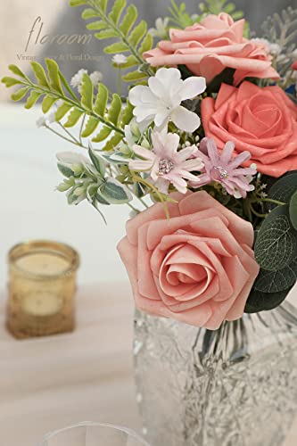 Artificial Flowers 25pcs Real Looking Mixed Living Coral Foam Fake Roses with Stems for DIY Wedding Bouquets Bridal Shower Centerpieces Floral Arrangements Party Tables Home Decorations (25 Count)