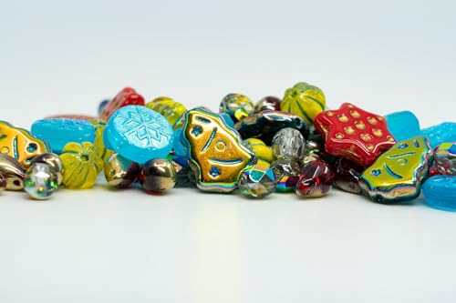 2.1oz (60g) of Christmas Czech Glass Bead Mix 2024 with Trees, Melons, Snowflakes and Faceted Beads, Dark Green Yellow Xmas (2.1164 Ounce)