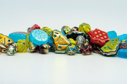 2.1oz (60g) of Christmas Czech Glass Bead Mix 2024 with Trees, Melons, Snowflakes and Faceted Beads, Dark Green Yellow Xmas (2.1164 Ounce)