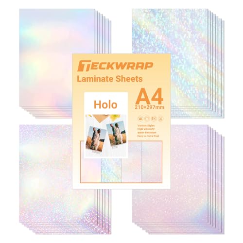 Holographic Laminate Sheets for Stickers Self Adhesive Vinyl Laminating Sheets Holographic Sticker Paper Clear Vinyl for Inkjet Printer 8.26" x 11.69" A4 28 Sheets