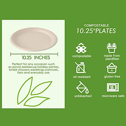 500 Pack Compostable Bagasse Paper Plates 10.25 inch (500 Count)
