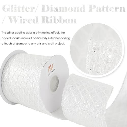 Glitter White Christmas Wired Ribbon 4 inch x 10 Yards (30 Foot)