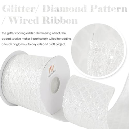 Glitter White Christmas Wired Ribbon 4 inch x 10 Yards (30 Foot)