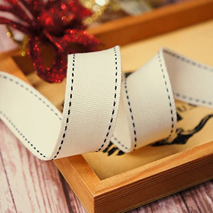 Ivory Cotton Black Stitched Ribbon 7 (30 Foot)