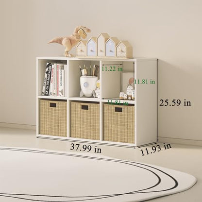 Wood Cube Storage Organizer Closet Cabinet for Living Room Bedroom Study Shelf Bookcase Wooden Floor Standing Open Bookshelf for Kids Home Office Display Storage Cabinet (6 Count)