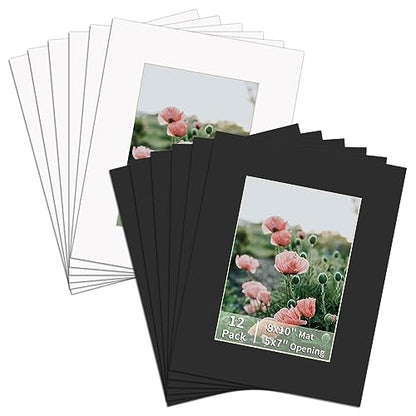 12 Packs White and Black Colors 8x10 Picture Frame Mats for 5x7 Photos