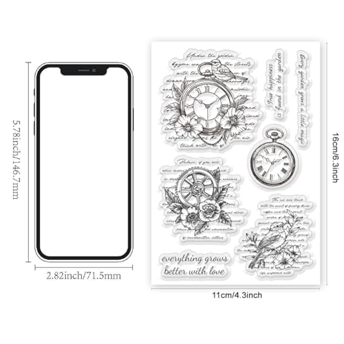 Vintage Clear Stamps for Card Making Flower and Bird Text Clear Stamps Retro Clock Clear Stamps for Scrapbooking Wish Words Rubber Transparent Seal Stamps for DIY Photo Album Crafting