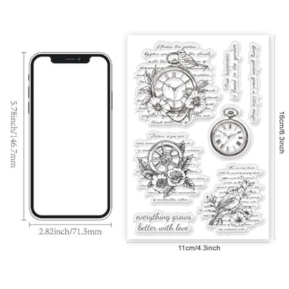 Vintage Clear Stamps for Card Making Flower and Bird Text Clear Stamps Retro Clock Clear Stamps for Scrapbooking Wish Words Rubber Transparent Seal Stamps for DIY Photo Album Crafting