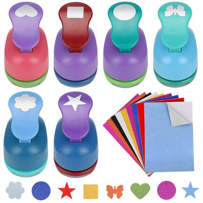 6 Pcs Colorful Craft Hole Punch with 10 Glitter Cardstock Papers (6 Count)