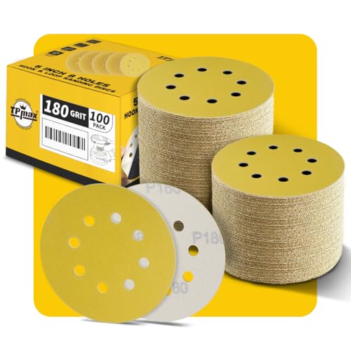 100PCS 5 Inch 180 Grit 125mm 8 Hole Sanding Discs Sandpaper (100 Count)