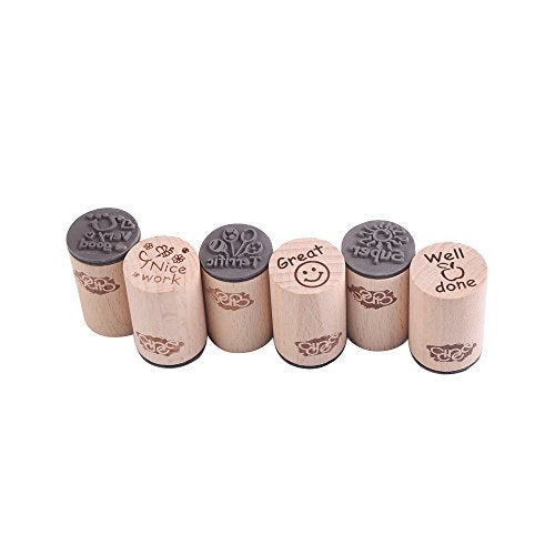 6pcs Round Wood Rubber Stamp for School Teachers English Toy Stamp Au116s1p1us1 (6 Count)