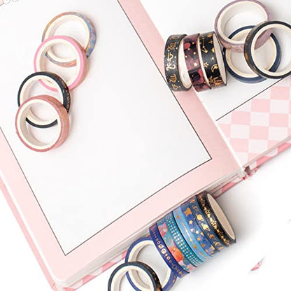 Skinny Galaxy Washi Tape Set 30 Rolls Gold Foil Decorative Starry Space Masking Tapes for Arts (295 Foot)