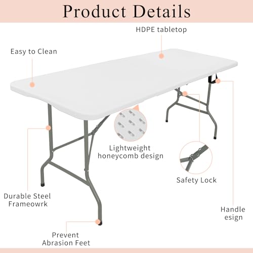 Set of 2 Folding Tables with Carrying Handle Lightweight Rectangular Portable Plastic Camping Table Steel Legs for Party (2 Count)