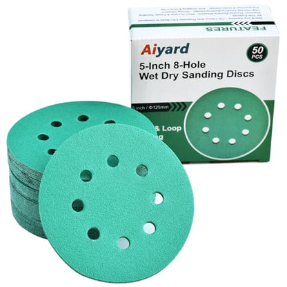 5-Inch 8-Hole Wet Dry Sanding Discs 100 Grit Sandpaper, 50-Pack (50 Count)