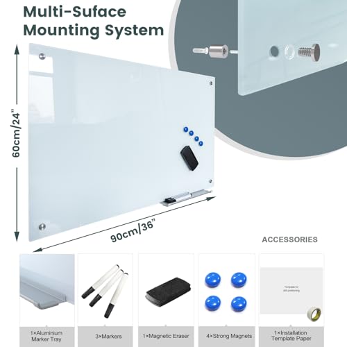 Glass Whiteboard 36"X24" Magnetic Dry Erase Board Frameless Wall Mounted White Board WritingBoard for Office School Home Accessory Tray