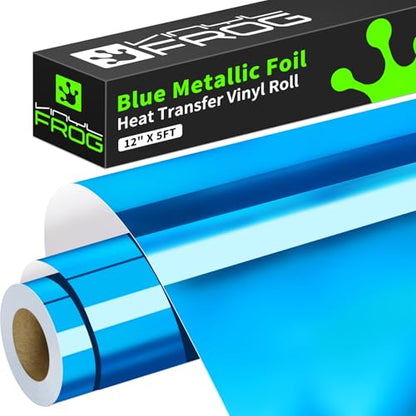 Blue Metallic Foil Heat Transfer Vinyl 12" x5ft Blue HTV Vinyl Roll Chrome Iron on Vinyl Easy to Cut & Weed DIY Heat Press Design for T (5 Foot)