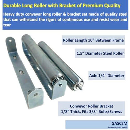 Pack of 2 10"BF Long Roller and Bracket l 1.5"Ø Galvanized Steel Conveyor Roller I Set of Roller and Bracket Versatile as Support Rollers for Woodworking (2 Count)