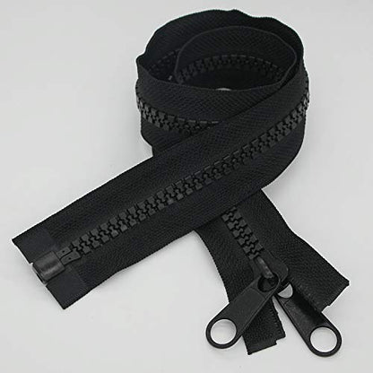 2PCS #10 48 Inch Heavy Duty Zippers for Sewing Separating Large Plastic Zippers Black Tape with Double Pull Tab Slider