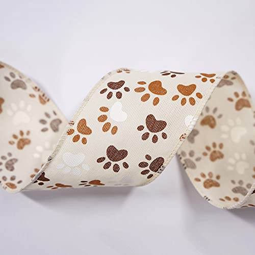 Ivory Canvas Dog Paw Wired Ribbon 2.5 Inch x 10 Yards for Christmas Home Decor Tree Topper Bow Gift Wrapping DIY Crafts Wreath Garland (30 Foot)
