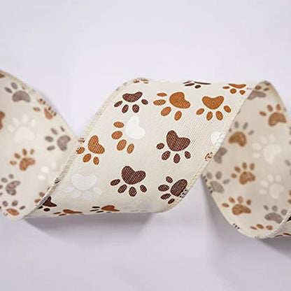 Ivory Canvas Dog Paw Wired Ribbon 2.5 Inch x 10 Yards for Christmas Home Decor Tree Topper Bow Gift Wrapping DIY Crafts Wreath Garland (30 Foot)