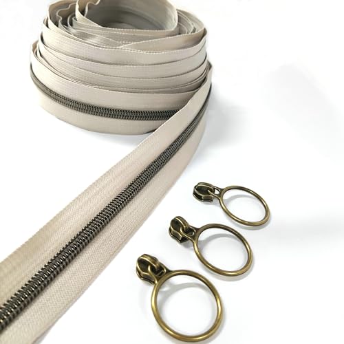 5 Antique Brass Metallic Nylon Coil Zippers by the Yard Bulk 10 Yards Beige Zipper Tape with 25pcs Antique Brass Ring Pull Sliders for DIY Sewing Tailor Craft Bag