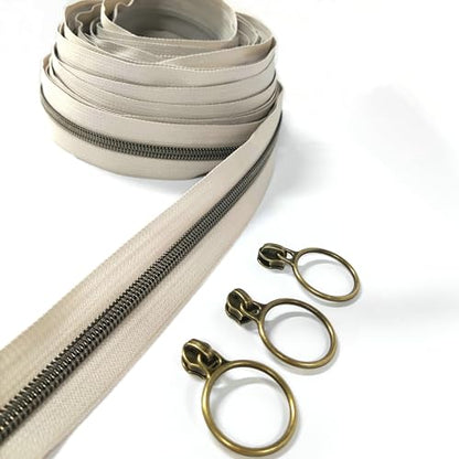 5 Antique Brass Metallic Nylon Coil Zippers by the Yard Bulk 10 Yards Beige Zipper Tape with 25pcs Antique Brass Ring Pull Sliders for DIY Sewing Tailor Craft Bag