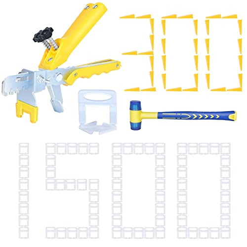 Tile Leveling System with Tile Plier 1500Pcs Piece Tile Spacers Clips 300Pcs Piece Reusable Wedges and 1 Rubber Mallet Tile Tools Set for Stone Installation (1500 Count)