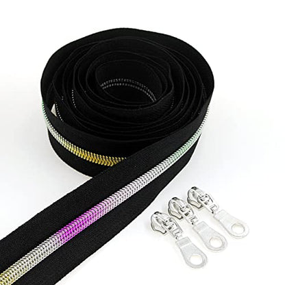 5 Metallic Nylon Coil Zippers by The Yard Rainbow Teeth Zipper Bulk 10 Yards Black Tape with 25pcs Silver Sliders for DIY Sewing Tailor Craft Bag