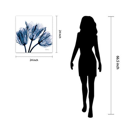 TMP-AK011A-2424 Blue Tulip X-Ray Flower Wall Art on Frameless Free Floating Tempered Glass Panel Ready to Hang, Living Room, Bedroom ＆ Office, 24" x 24" x 0.2"