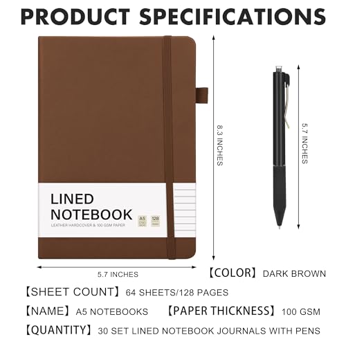30 Set Lined Notebook Journals with Pens A5 Notebooks 100 GSM College Ruled Hardcover Notebook PU Leather Notepad with Pen Holder for Office School (60 Count)