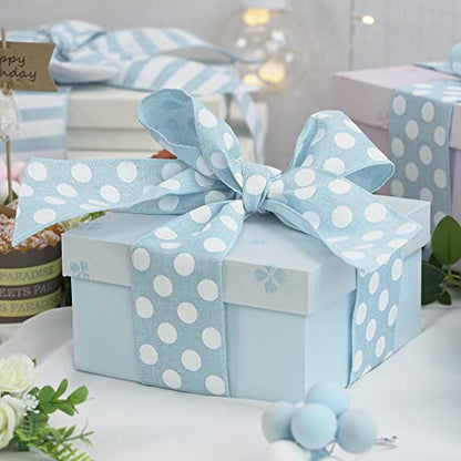 Blue Burlap Ribbon 2.5 Inch with White Polka Dot Blue White Wired Ribbon for Baby Boy Wreaths and Showers (30 Foot)
