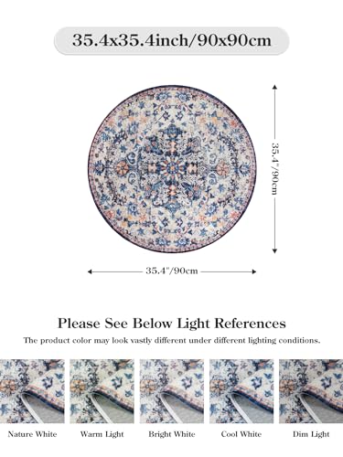 Reine Bohemian Round Rug 3Ft Small Bedroom Round Area Rug Soft Bathroom Circle Mat