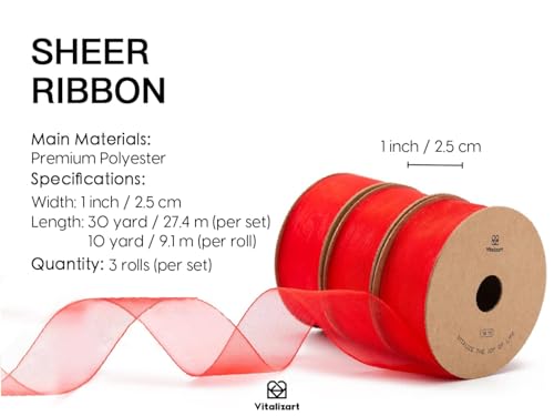 Red Organza Ribbon 1" x 30 Yd Sheer Ribbon for Gift Wrapping (90 Foot)