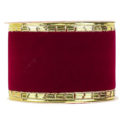 Burgundy Velvet Ribbon 2.5 Inch Dark Red Christmas Ribbon 10 Yards Maroon Velvet Wired Ribbons with Gold Greek Key Edge Burgundy Ribbons for Christmas Tree Decoration (30 Foot)