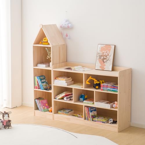 Wooden 7 Compartment Storage Cabinet Organizer Kids 3 Tier Wood Bookshelf School Storage Shelf Classroom Furniture for Kids Natural