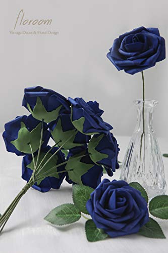 Artificial Flowers 25pcs Real Looking Royal Blue Foam Fake Roses with Stems for DIY Table Centerpieces Party Home Decorations (25 Count)