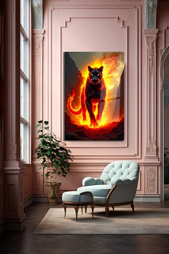 Fiery Black Panther Glass Wall Art Painting for Living Room