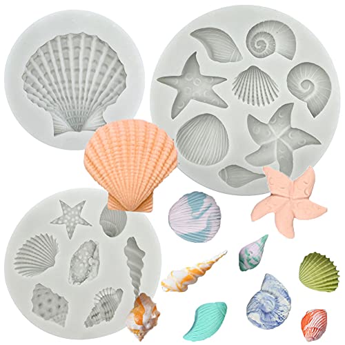 3 PCS Marine Theme Cake Fondant Silicone Mold Seashell Conch Starfish Coral Baking Molds for DIY Cake Decoration Chocolate Candy Polymer Clay Crafting Projects (3 Count)