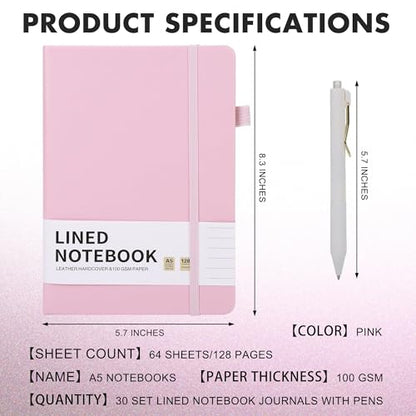 30 Set Lined Notebook Journals with Pens A5 Notebooks 100 GSM College Ruled Hardcover Notebook PU Leather Notepad with Pen Holder for Office School