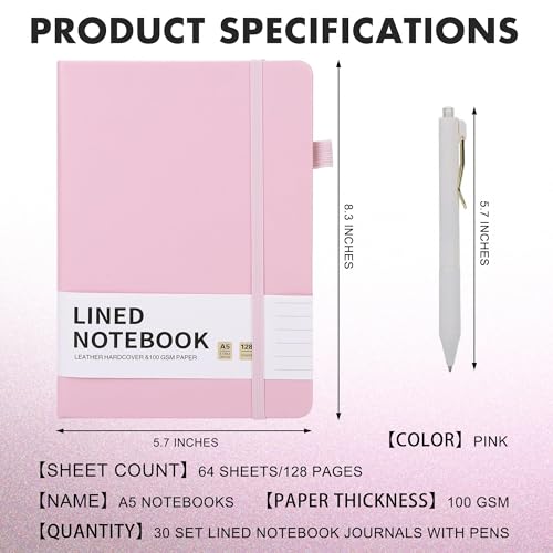 30 Set Lined Notebook Journals with Pens A5 Notebooks 100 GSM College Ruled Hardcover Notebook PU Leather Notepad with Pen Holder for Office School