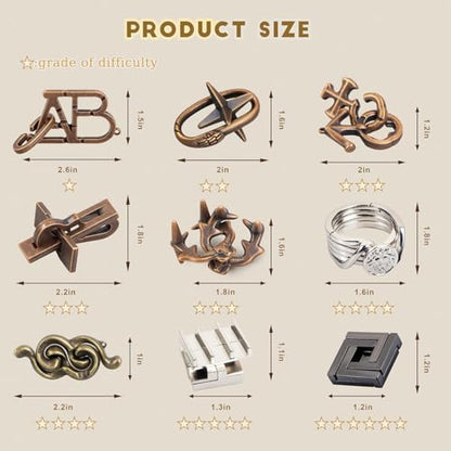 9 Piece Metal Brain Teaser Puzzle Toys for Adults & Teens (9 Count)